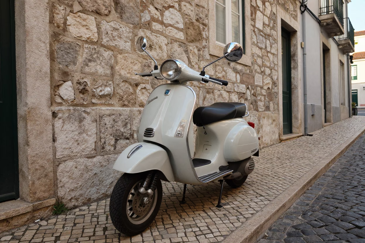 Vintage Vespa Parked on Cobblestone Lane in Late Afternoon Lisbon Portugal in in Lisbon, Portugal