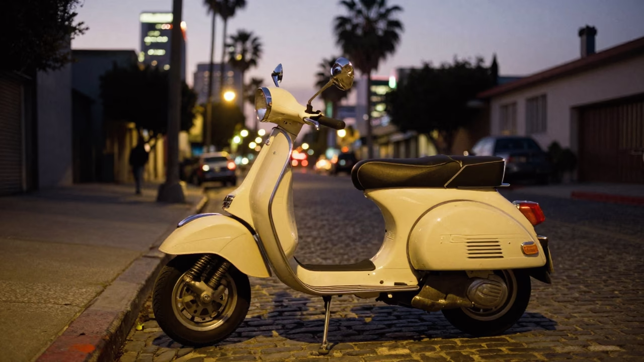 Vintage Vespa Parked on Cobblestone Lane in Los Angeles at Dusk with City Lights in in Los Angeles, California, United States