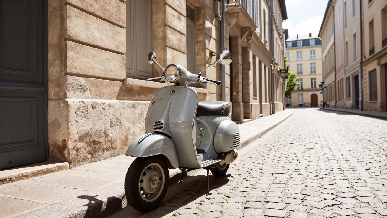 Vintage Vespa Parked on Cobblestone Lane in Lyon France Midmorning Light in in Lyon, France