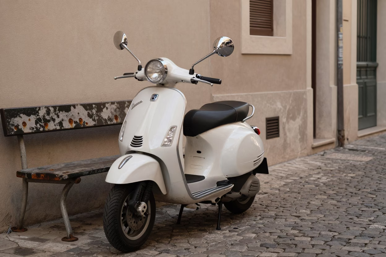 Vintage Vespa Parked on Cobblestone Lane in Marseille Late Afternoon Light in in Marseille, France