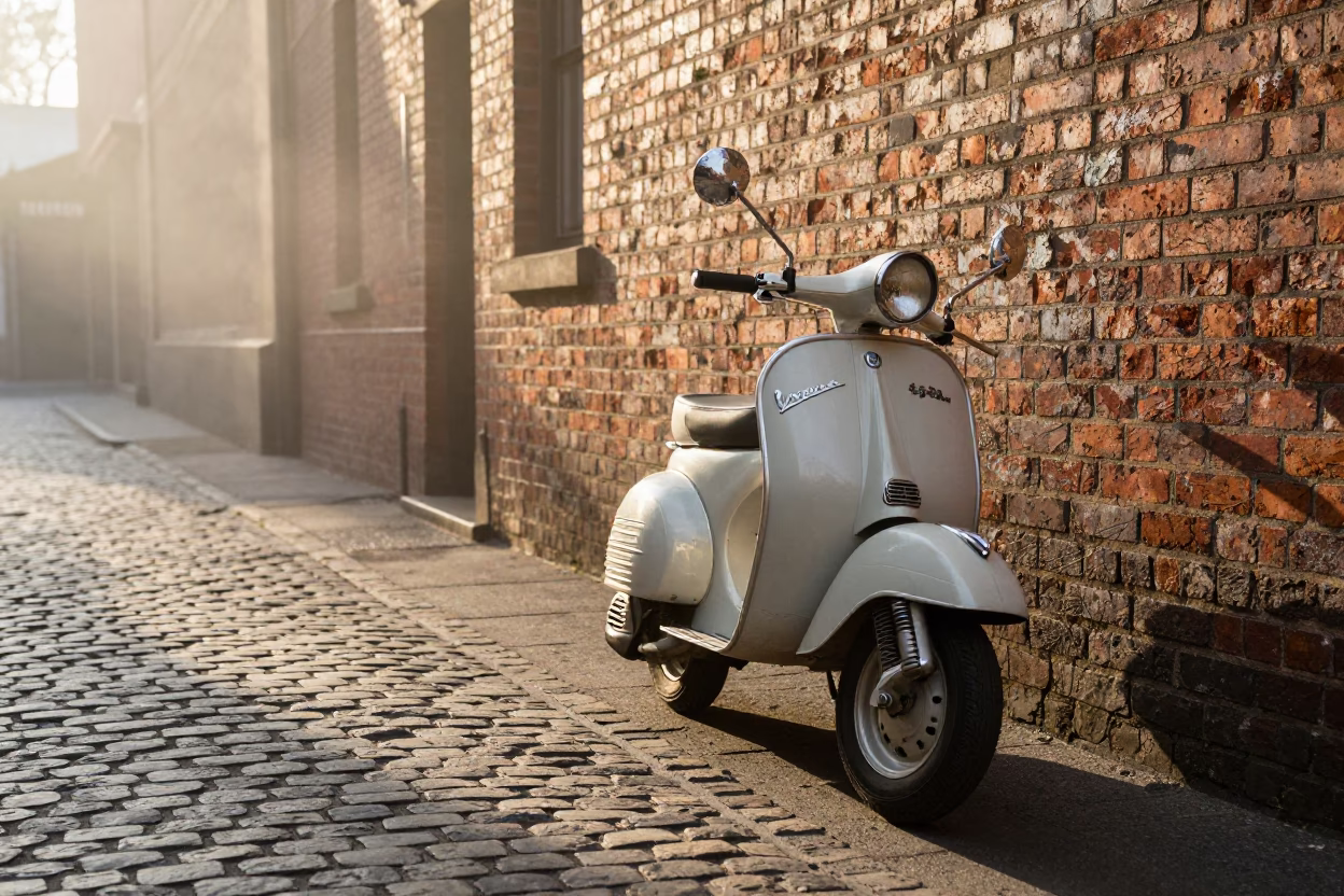 Vintage Vespa parked on cobblestone lane in Melbourne Victoria under first light in in Melbourne, Victoria, Australia