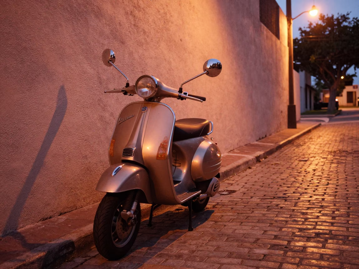 Vintage Vespa Parked on Cobblestone Lane in Miami Florida Before Dusk in in Miami, Florida, United States