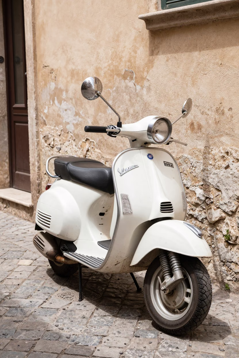 Vintage Vespa Parked on Cobblestone Lane in Midday Palermo Italy Street Scene in in Palermo, Italy