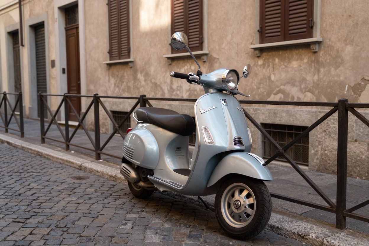Vintage Vespa Parked on Cobblestone Lane in Milan Italy Late Morning in in Milan, Italy