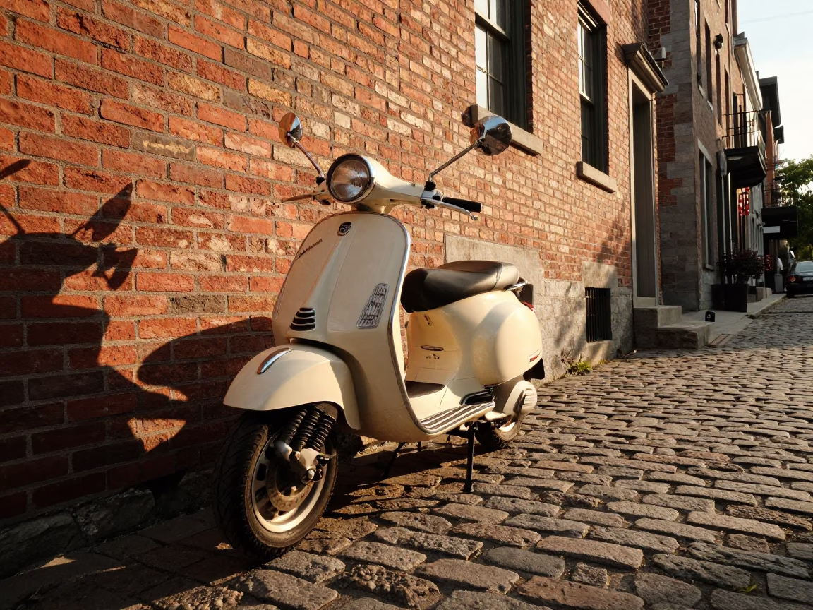 Vintage Vespa Parked on Cobblestone Lane in Montreal During Honeyed Evening Light in in Montreal, Quebec, Canada