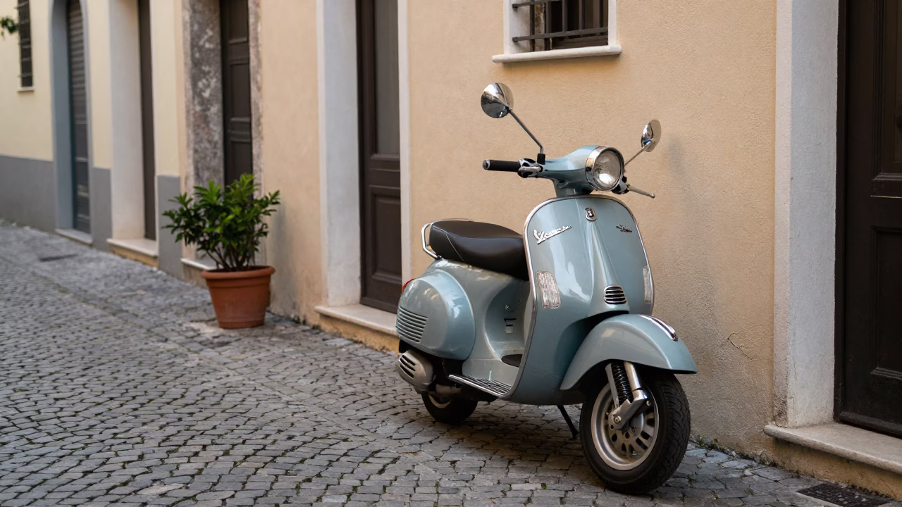 Vintage Vespa Parked on Cobblestone Lane in Naples Italy Late Afternoon in in Naples, Italy