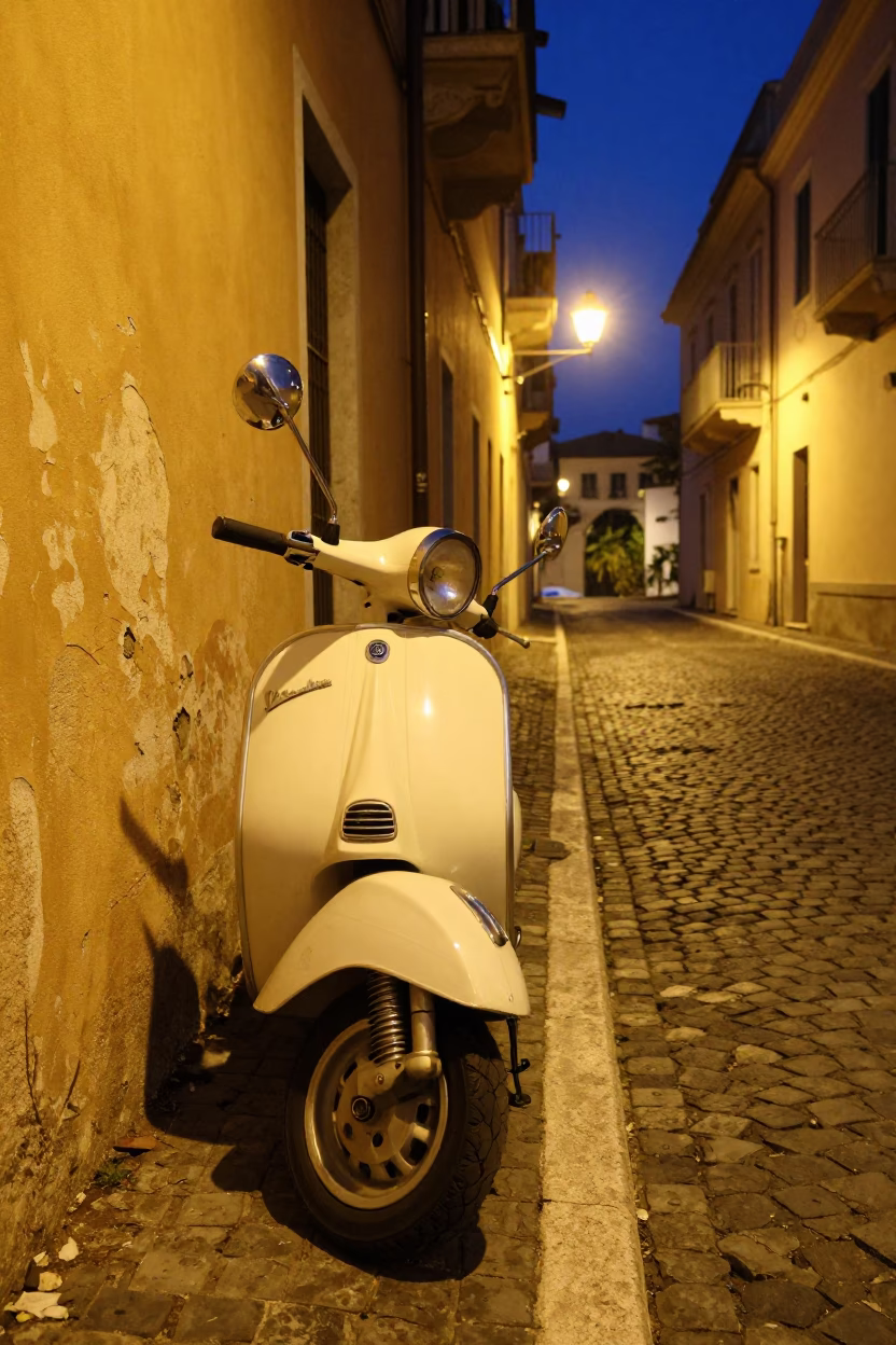 Vintage Vespa Parked on Cobblestone Lane in Naples Italy Midnight Street Photography in in Naples, Italy
