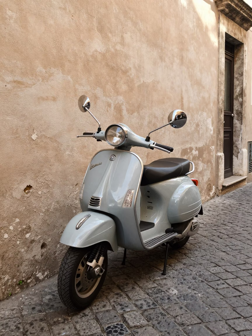 Vintage Vespa Parked on Cobblestone Lane in Palermo Early Afternoon Sunlight in in Palermo, Italy