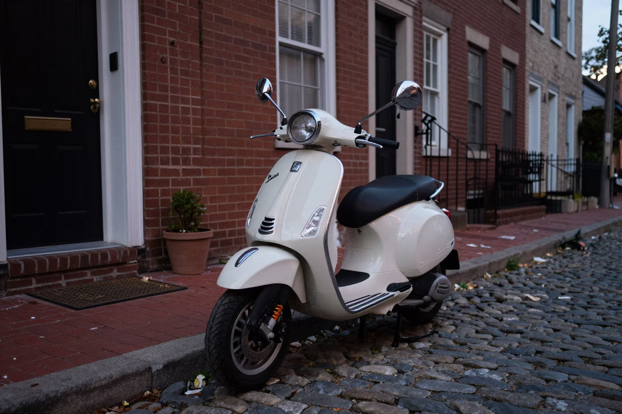 Vintage Vespa Parked on Cobblestone Lane in Philadelphia Pennsylvania Early Evening in in Philadelphia, Pennsylvania, United States