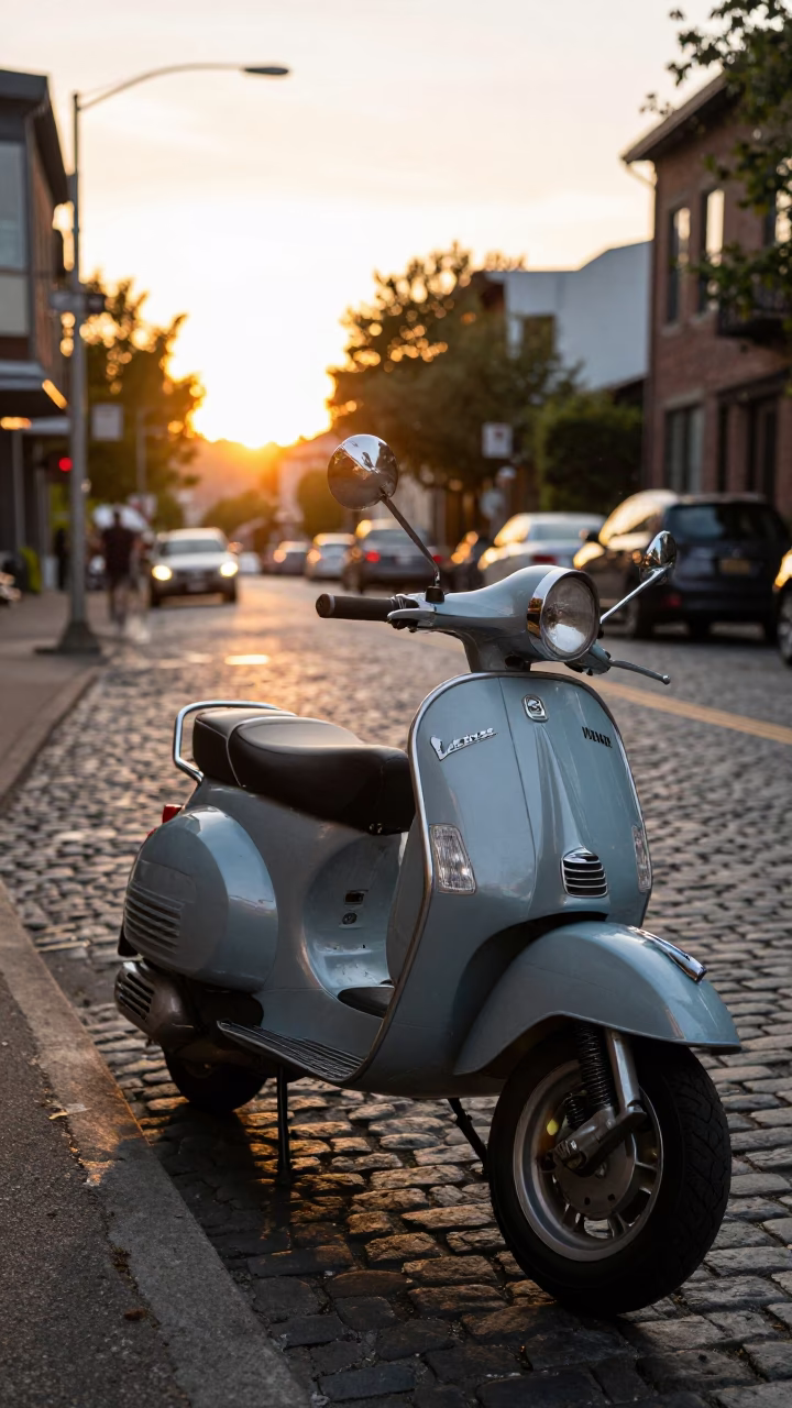 Vintage Vespa Parked on Cobblestone Lane in Portland Oregon at Sunset in in Portland, Oregon, United States