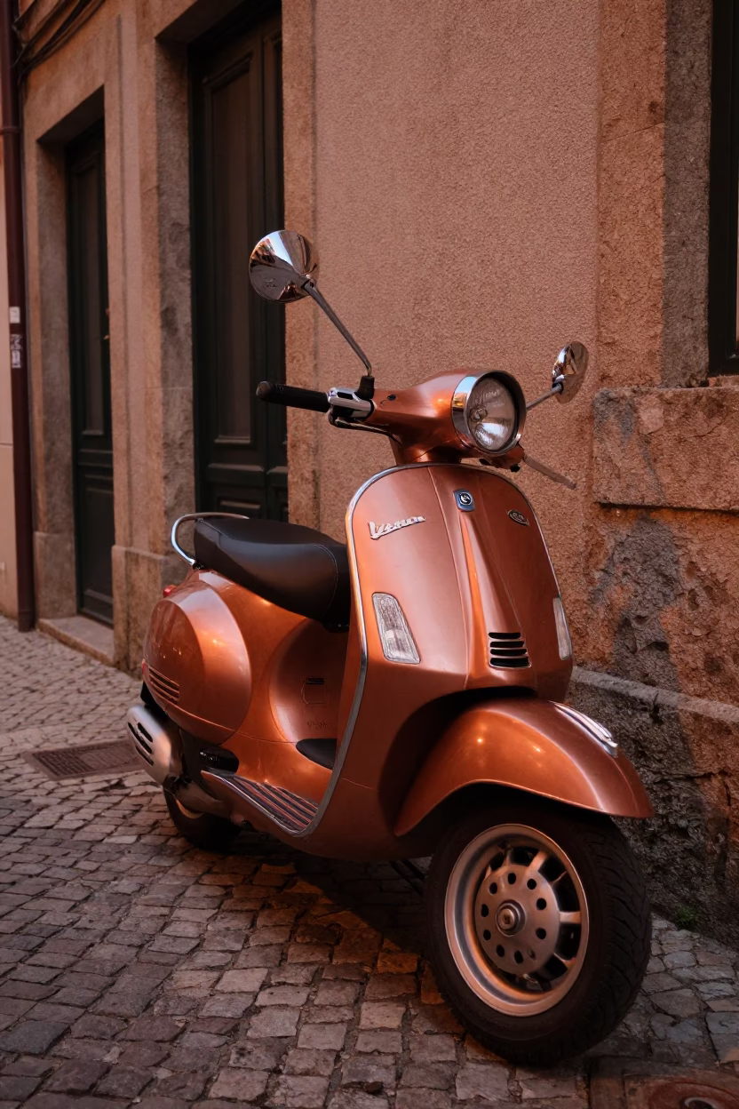 Vintage Vespa Parked on Cobblestone Lane in Porto Portugal Before Dusk in in Porto, Portugal