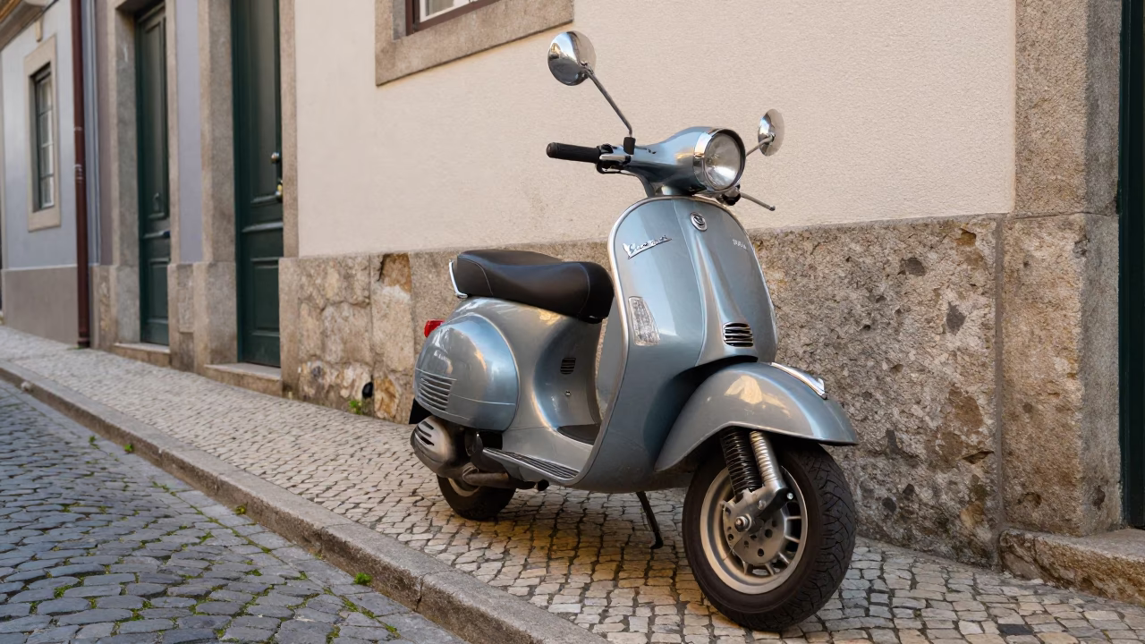 Vintage Vespa Parked On Cobblestone Lane In Porto Portugal Late Afternoon Light in in Porto, Portugal
