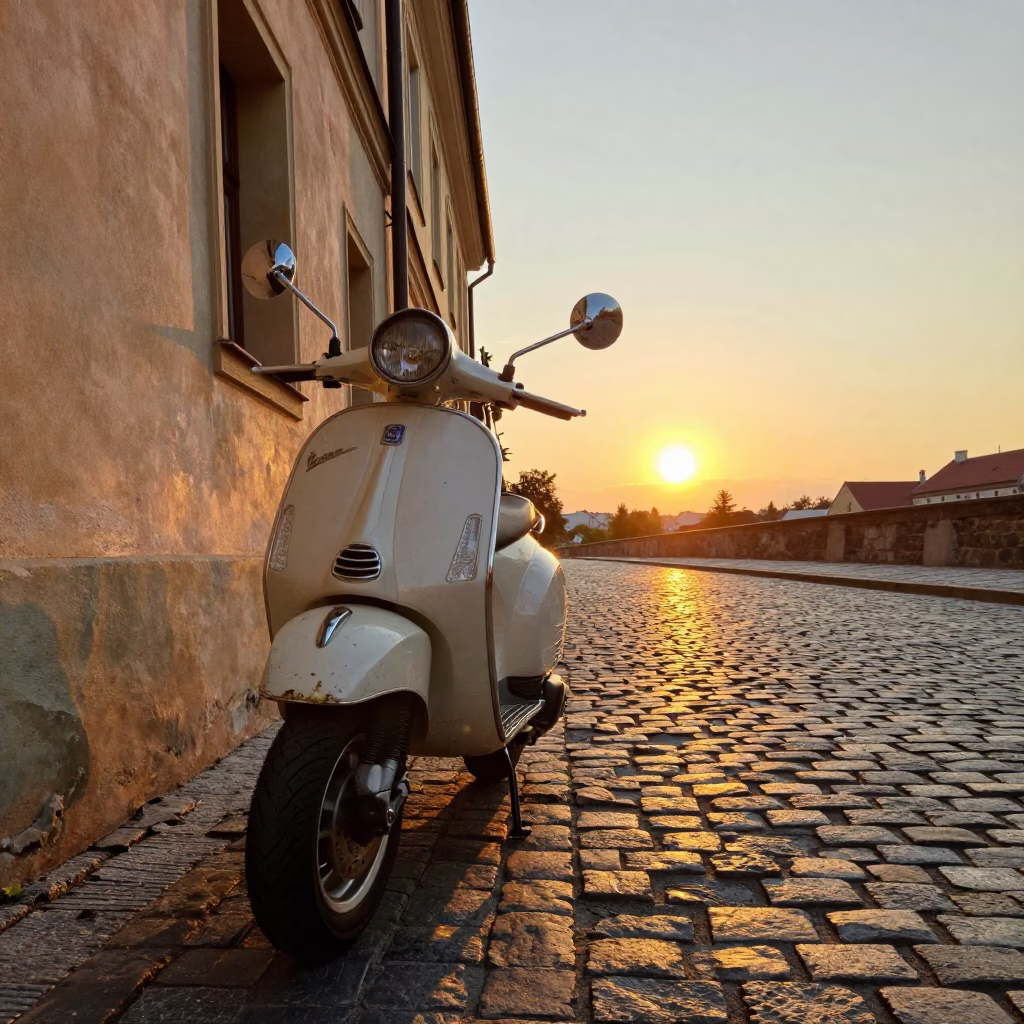 Vintage Vespa parked on cobblestone lane in Prague as sun drops toward horizon in in Prague, Czech Republic