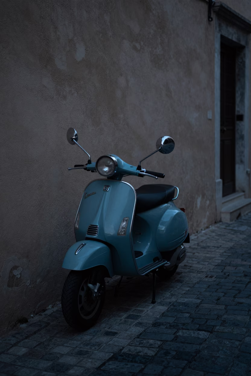 Vintage Vespa Parked on Cobblestone Lane in Predawn Athens Greece in in Athens, Greece