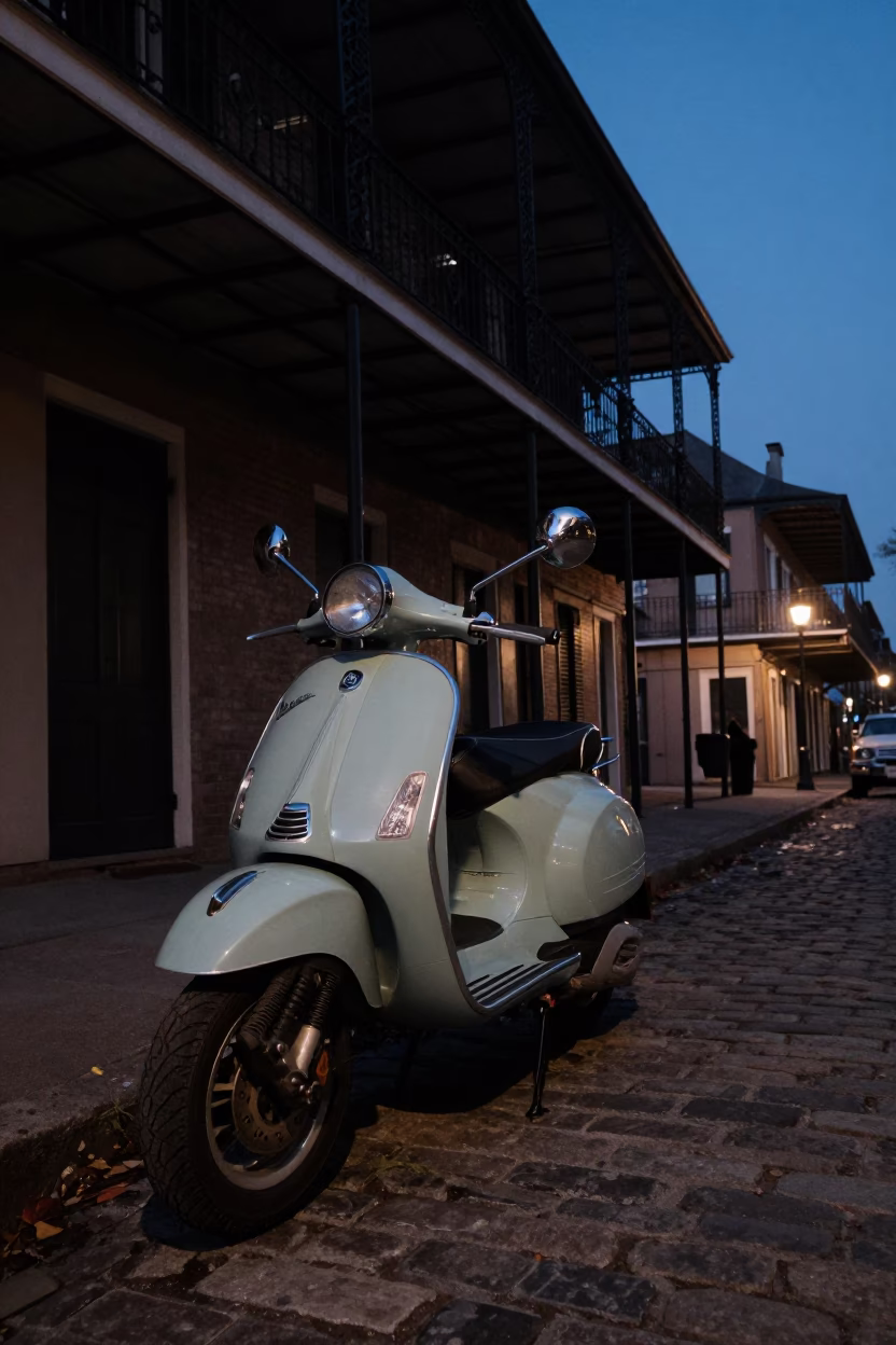 Vintage Vespa Parked on Cobblestone Lane in Predawn New Orleans Louisiana in in New Orleans, Louisiana, United States