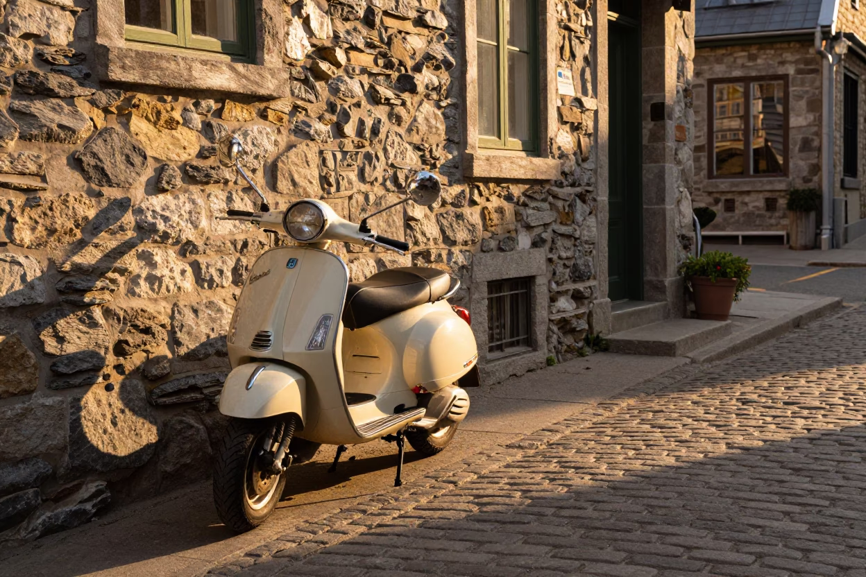 Vintage Vespa Parked on Cobblestone Lane in Quebec City Evening Light in in Quebec City, Quebec, Canada