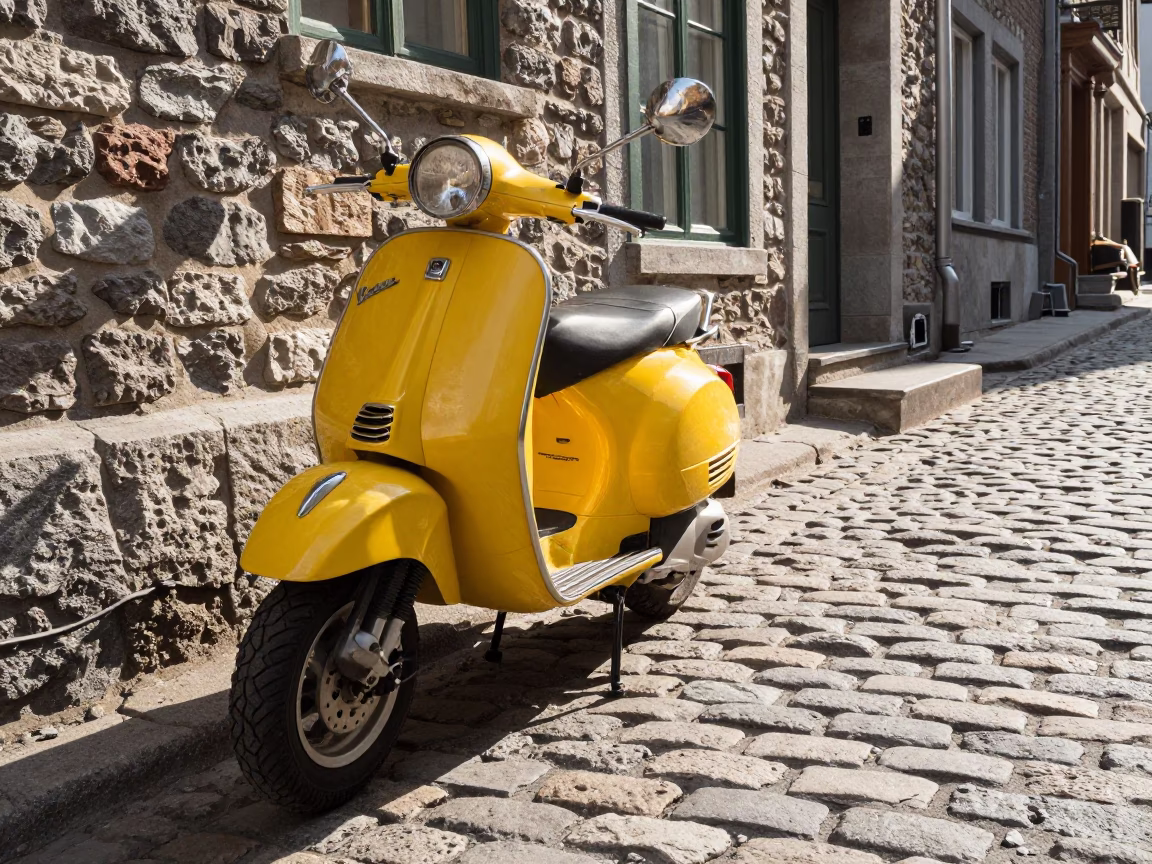 Vintage Vespa Parked on Cobblestone Lane in Quebec City Late Afternoon in in Quebec City, Quebec, Canada