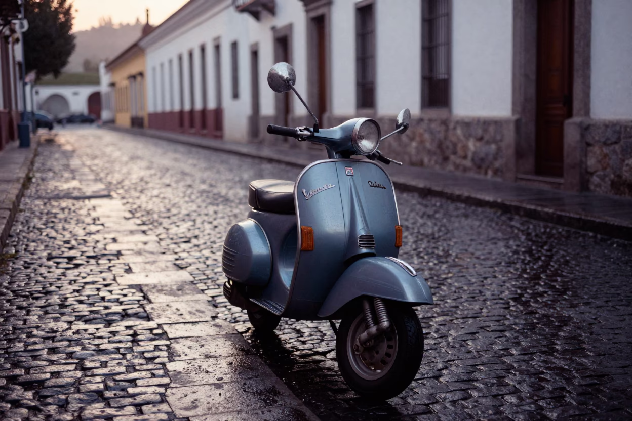 Vintage Vespa parked on cobblestone lane in Quito Ecuador before sunrise in in Quito, Ecuador