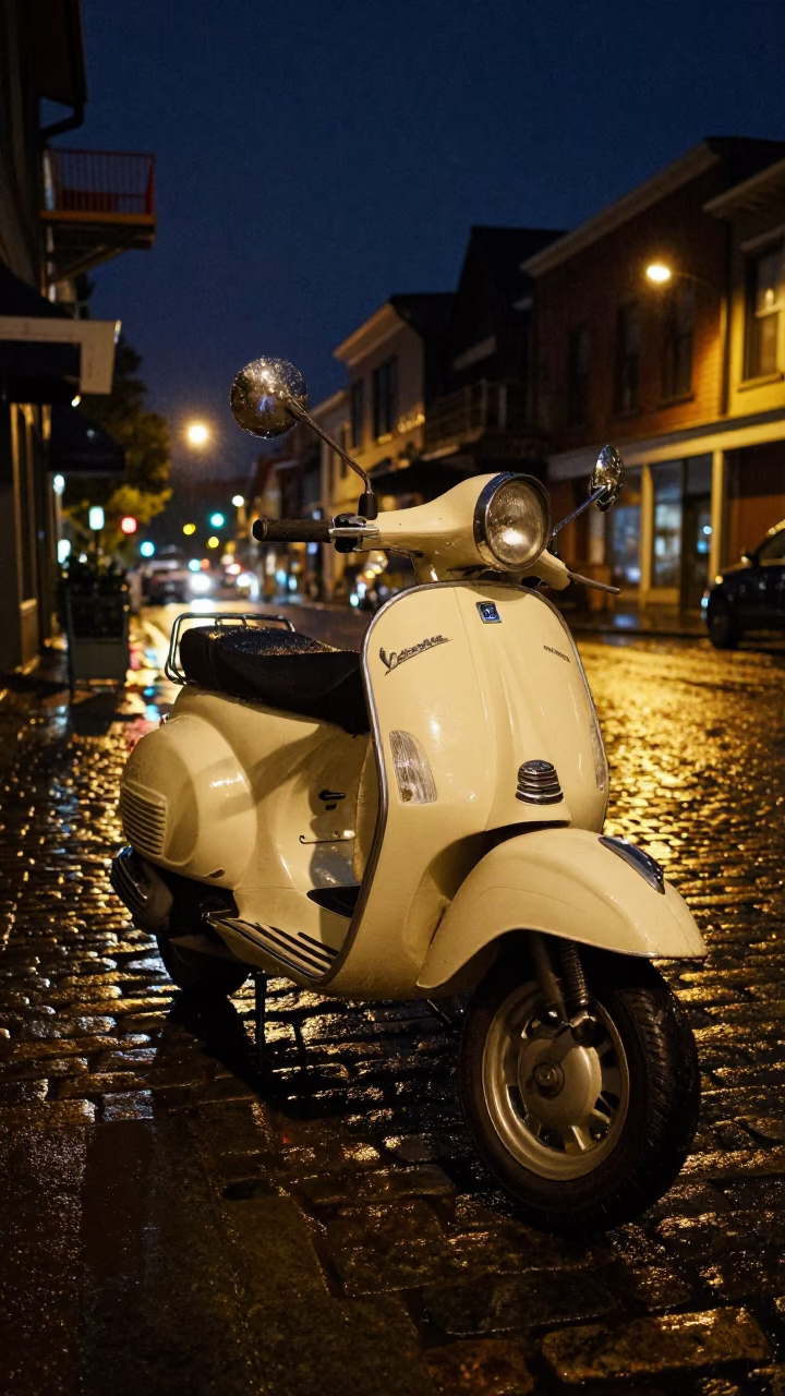 Vintage Vespa parked on cobblestone lane in Seattle Washington deep night in in Seattle, Washington, United States