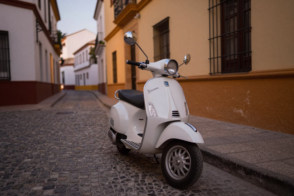 Vintage Vespa Parked on Cobblestone Lane in Seville Spain Early Evening in in Seville, Spain