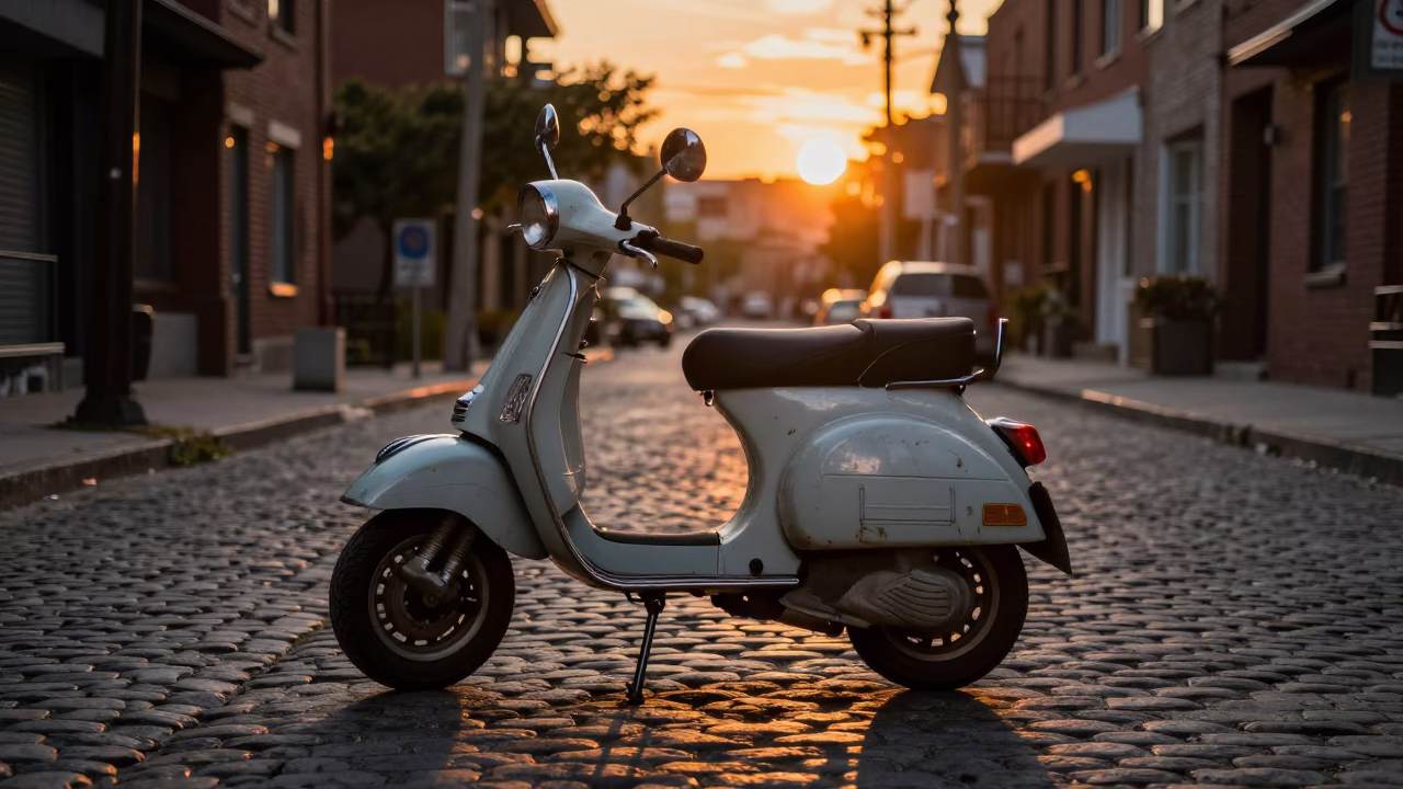 Vintage Vespa Parked on Cobblestone Lane in Toronto Ontario at Sunset in in Toronto, Ontario, Canada