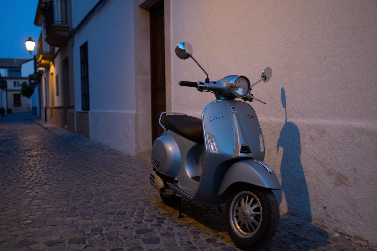 Vintage Vespa Parked on Cobblestone Lane in Valencia Spain at Blue Hour in in Valencia, Spain