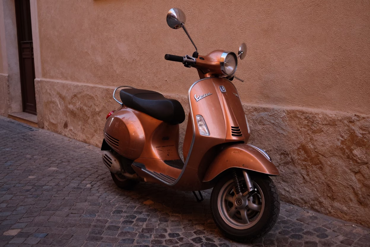 Vintage Vespa Parked on Cobblestone Lane in Valencia Spain Before Dusk in in Valencia, Spain