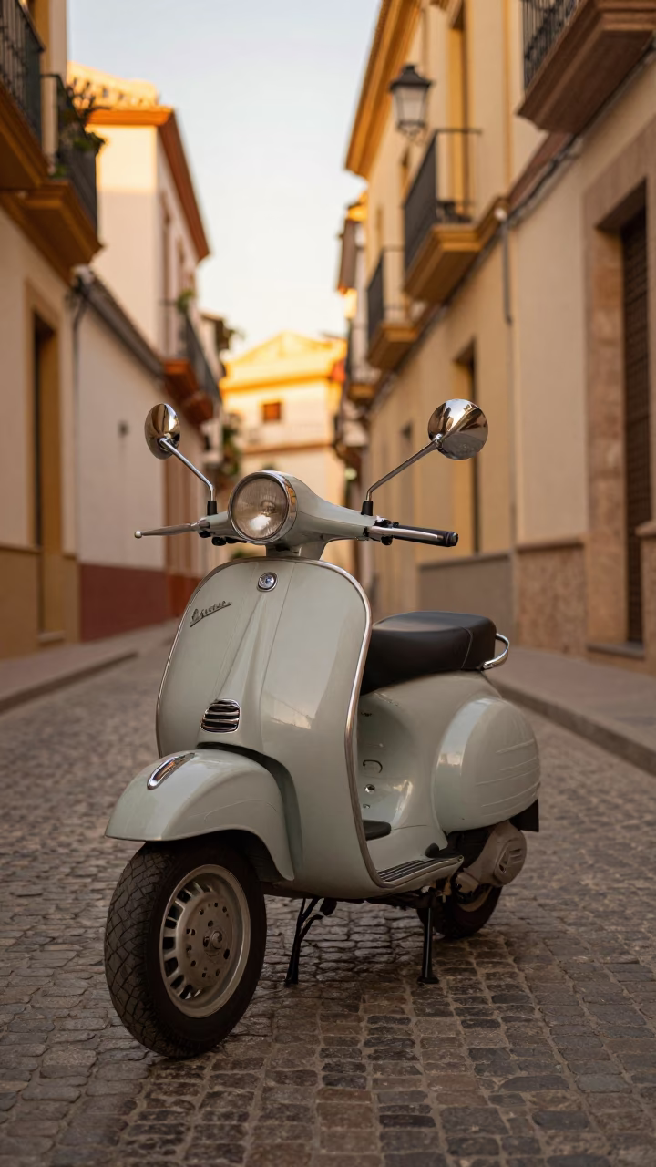 Vintage Vespa parked on cobblestone lane in Valencia Spain during honeyed evening light in in Valencia, Spain