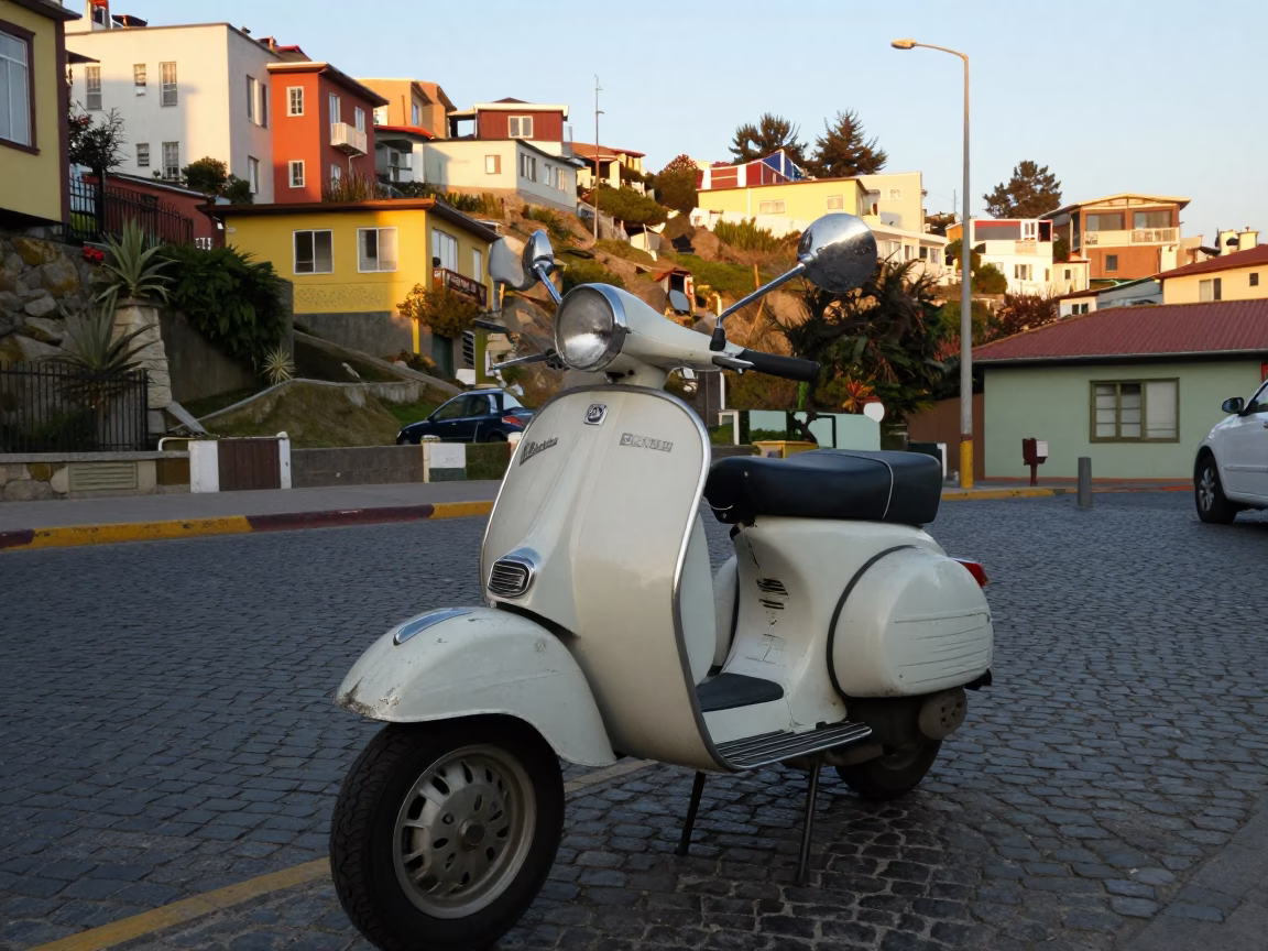 Vintage Vespa Parked on Cobblestone Lane in Valparaiso Chile at First Light in in Valparaiso, Chile