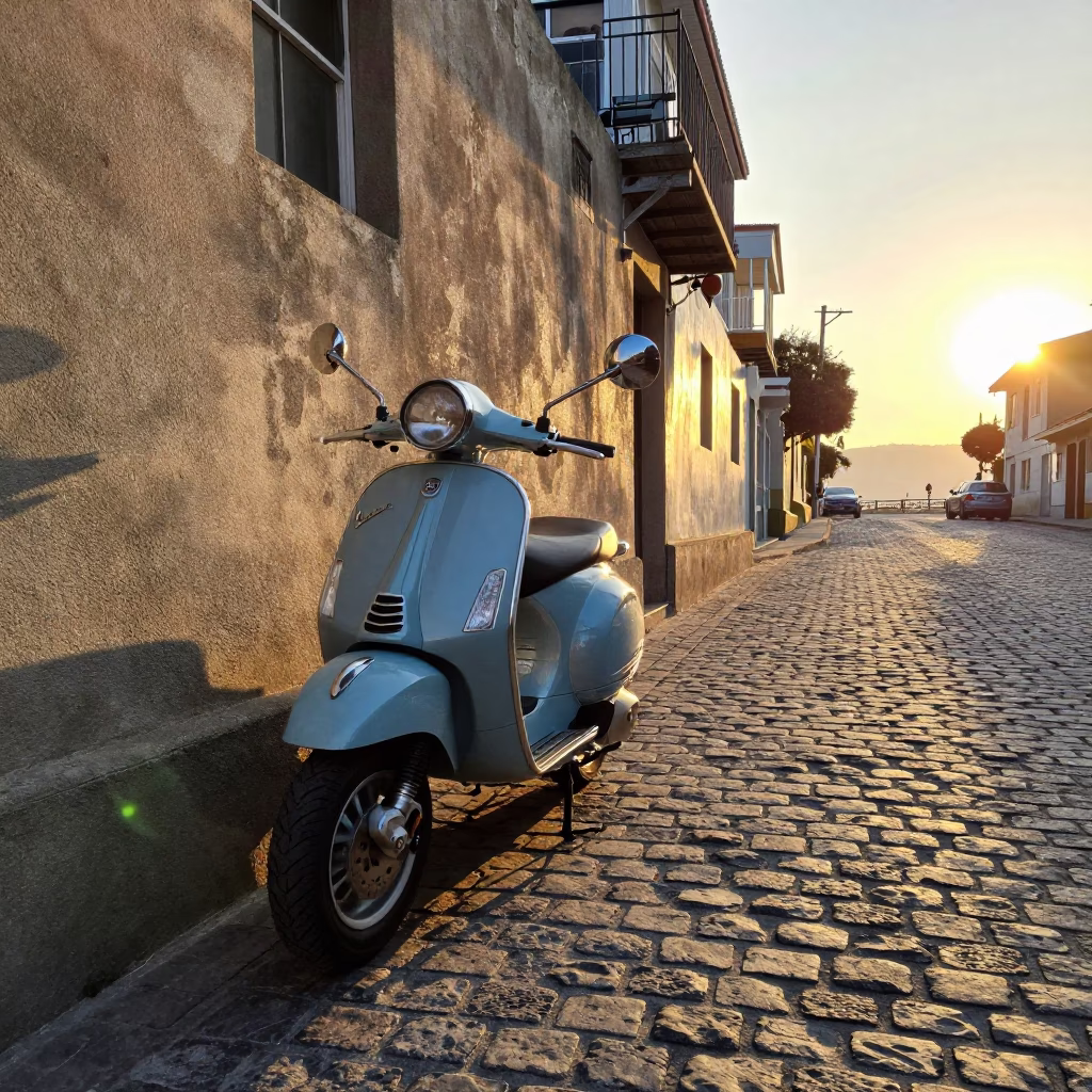 Vintage Vespa Parked on Cobblestone Lane in Valparaiso Chile at Sunrise in in Valparaiso, Chile