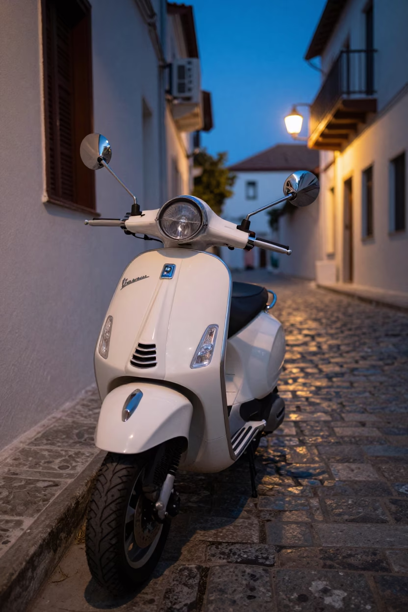 Vintage Vespa Parked on Cobblestone Street in Athens Greece at Indigo Twilight in in Athens, Greece