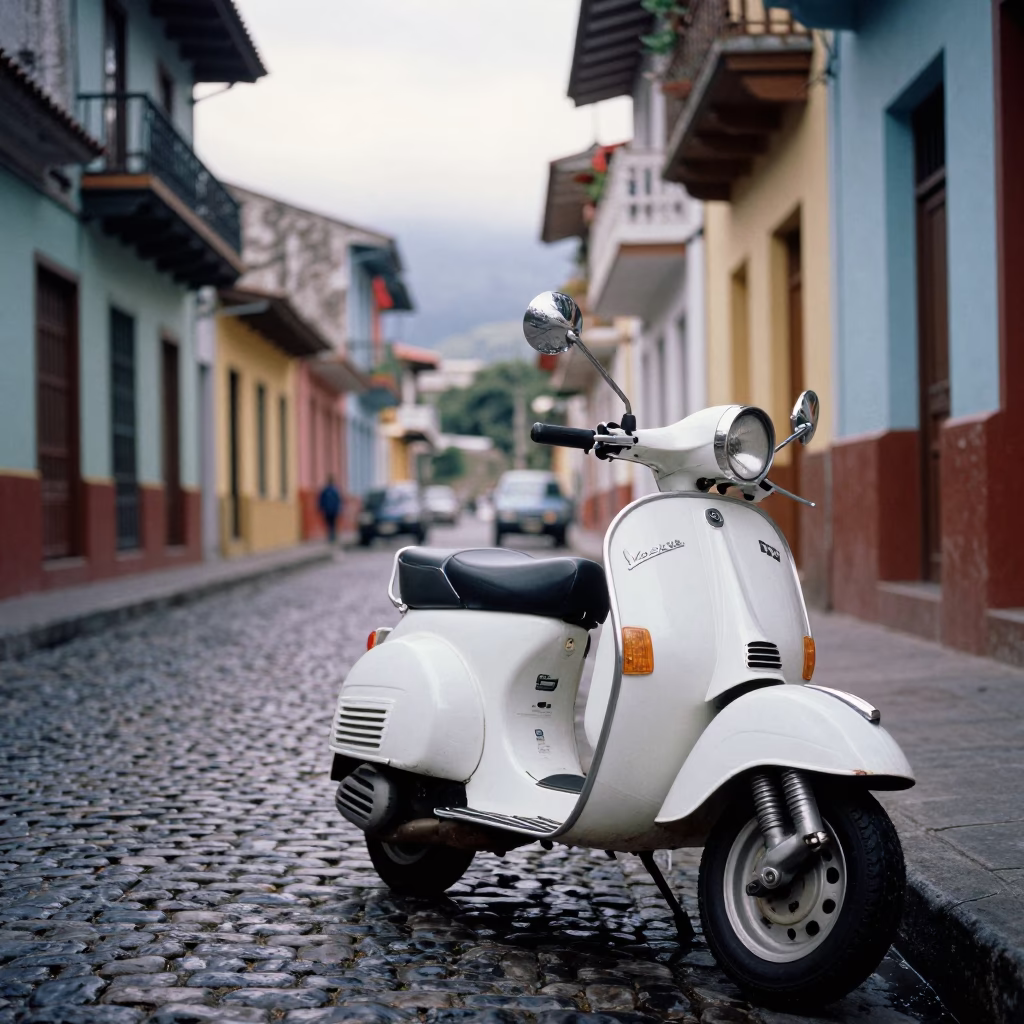 Vintage Vespa Parked on Cobblestone Street in Medellin Colombia at Nautical Dawn in in Medellin, Colombia