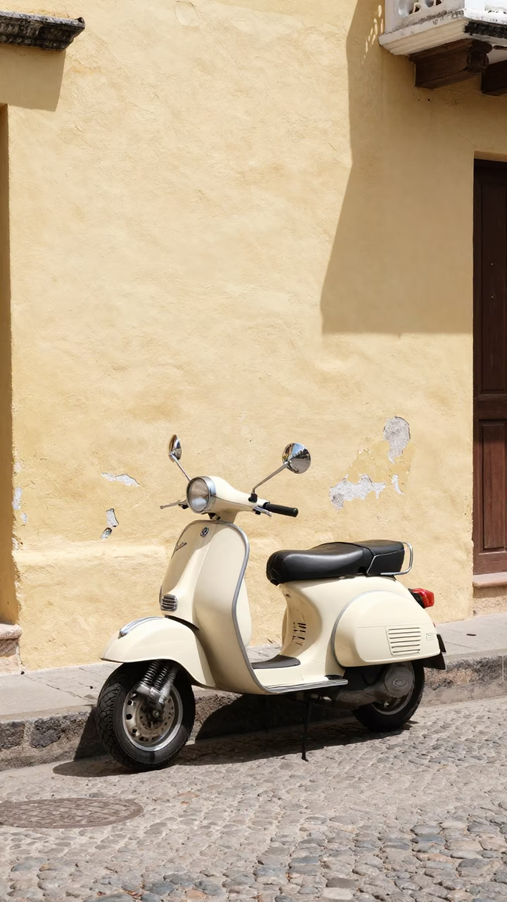 Vintage Vespa parked on colonial cobblestone street in Cartagena Colombia bright midmorning in in Cartagena, Colombia