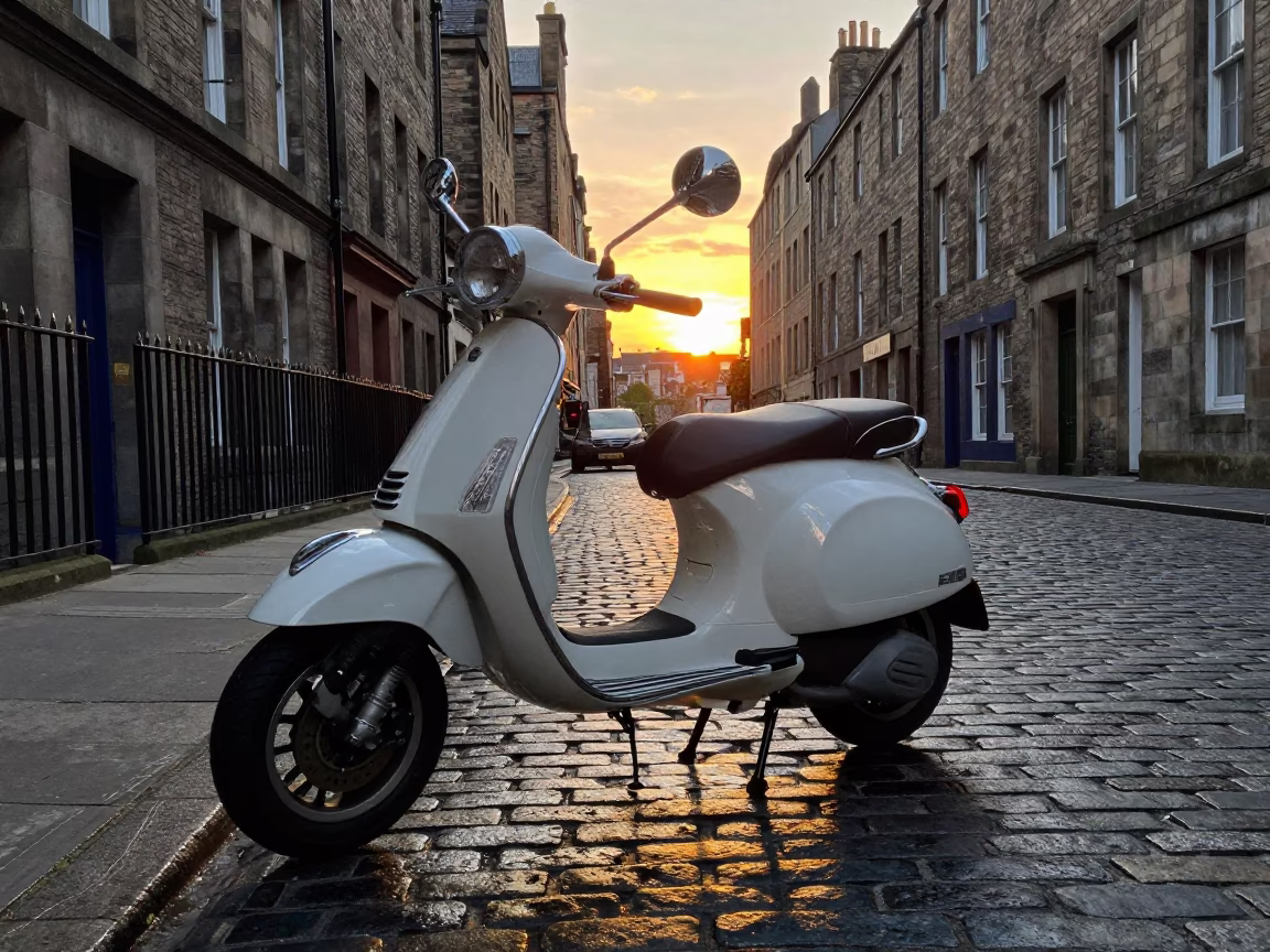 Vintage Vespa Parked on Edinburgh Cobblestone Lane at Sunset with City Views in in Edinburgh, United Kingdom