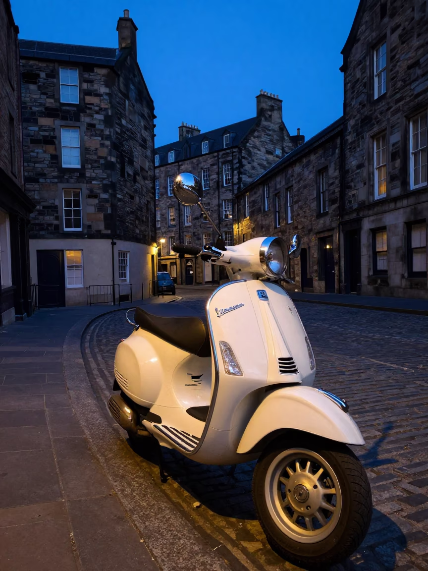 Vintage Vespa Parked on Edinburgh Cobblestone Lane Under Indigo Twilight Sky in in Edinburgh, United Kingdom