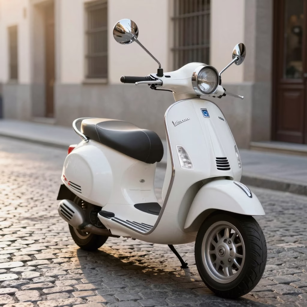 Vintage Vespa parked on Madrid cobblestone street just after sunrise in Spain in in Madrid, Spain