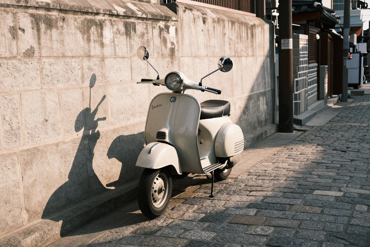 Vintage Vespa Parked on Narrow Cobblestone Lane in Busan South Korea Early Afternoon in in Busan, South Korea
