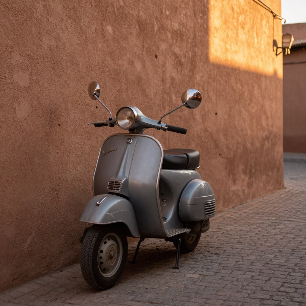 Vintage Vespa parked on narrow cobblestone lane in Marrakech Morocco at sunset in in Marrakech, Morocco