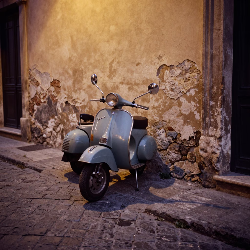 Vintage Vespa parked on narrow cobblestone street in Palermo Italy early evening in in Palermo, Italy