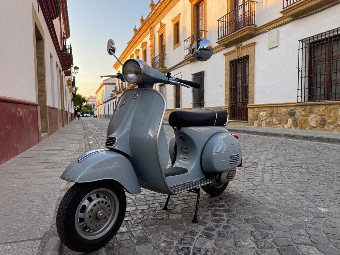 Vintage Vespa Parked on Seville Cobblestone Street at First Light Dawn in in Seville, Spain