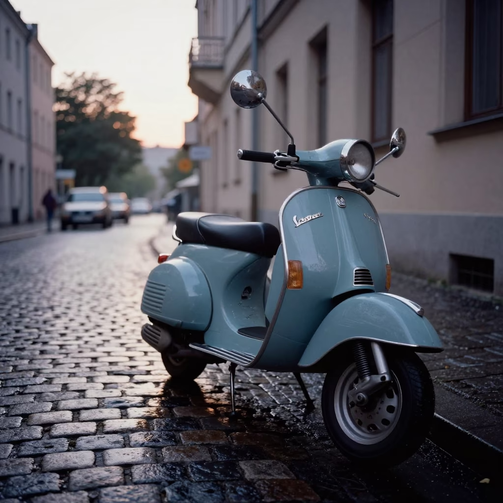 Vintage Vespa Parked on Wet Cobblestone Lane in Pre-Dawn Berlin Germany in in Berlin, Germany