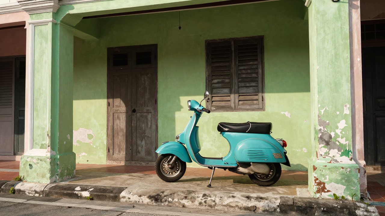Vintage Vespa Parked Outside Heritage Shophouse in George Town Malaysia Late Morning in in George Town, Malaysia