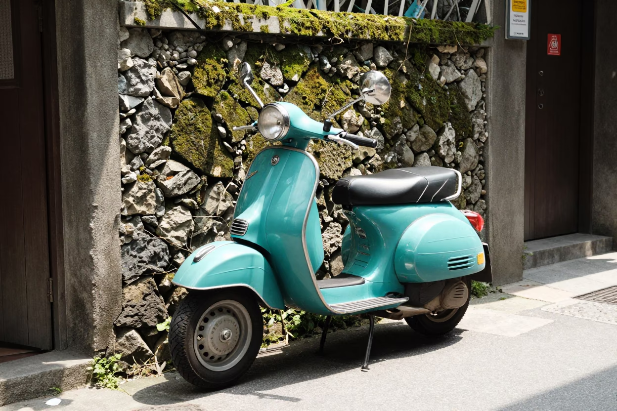 Vintage Vespa Parked Outside Traditional Taipei Shop in Bright Midmorning Light in in Taipei, Taiwan