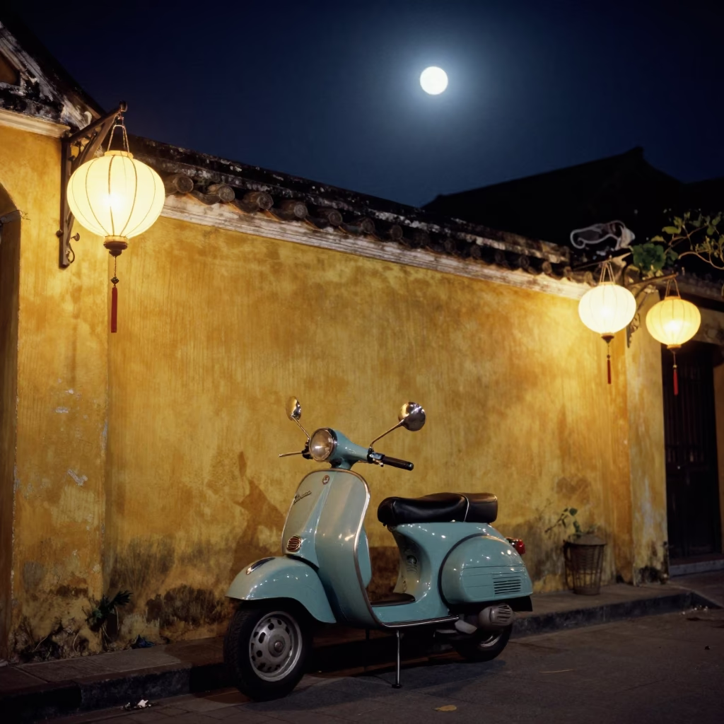 Vintage Vespa Parked Under Moonlit Hoi An Lanterns at Night in in Hoi An, Vietnam