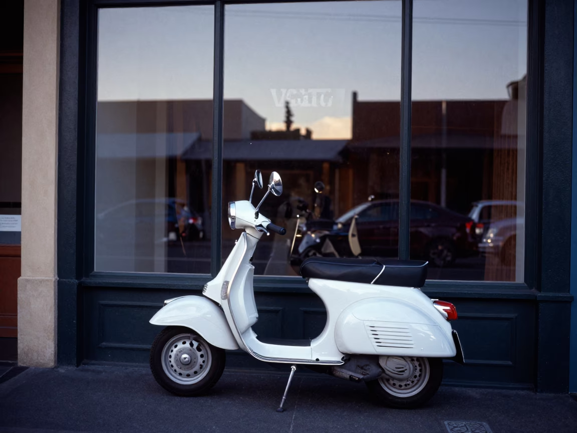 Vintage Vespa Reflected in Melbourne Shop Window Before Sunrise in in Melbourne, Victoria, Australia