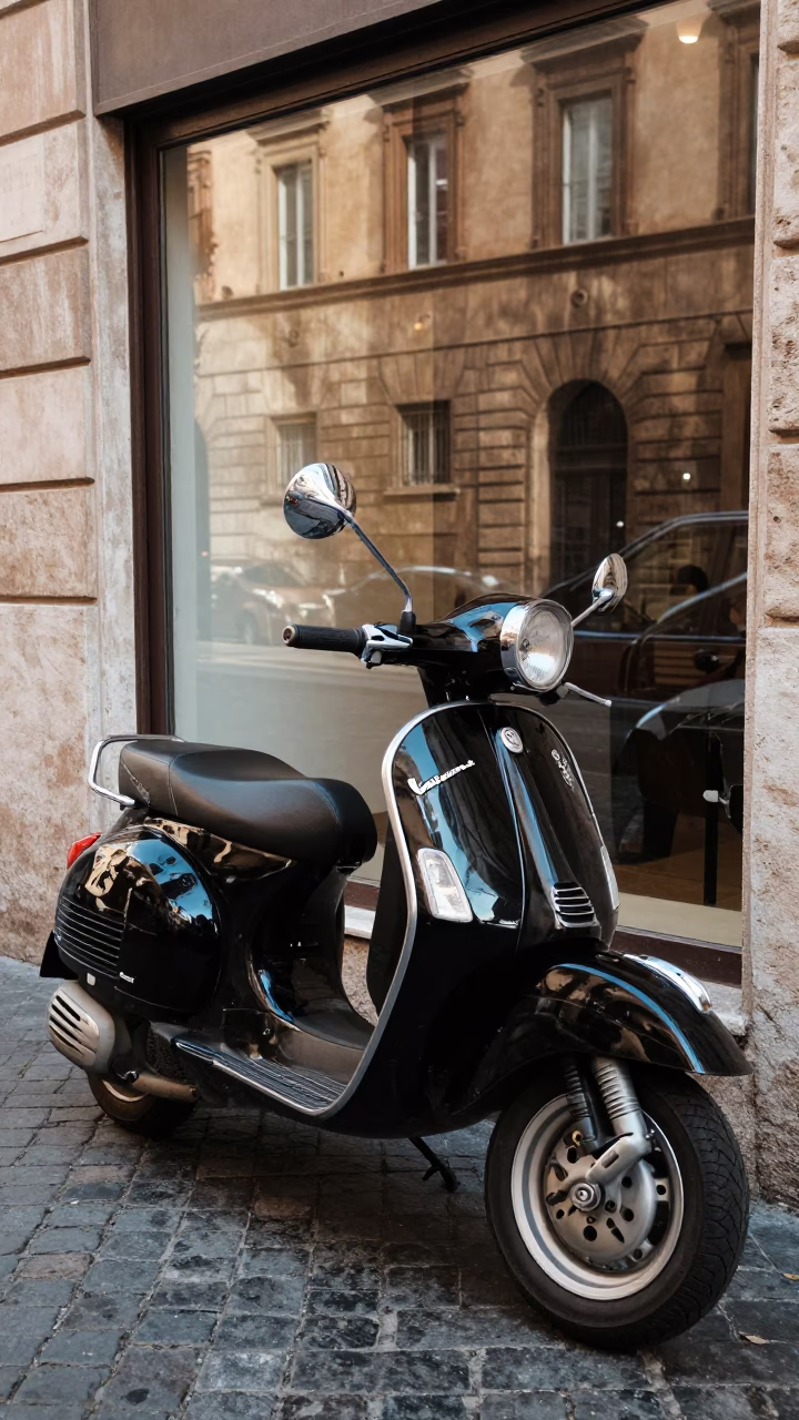 Vintage Vespa Reflected in Roman Shop Window Late Morning Light in in Rome, Italy