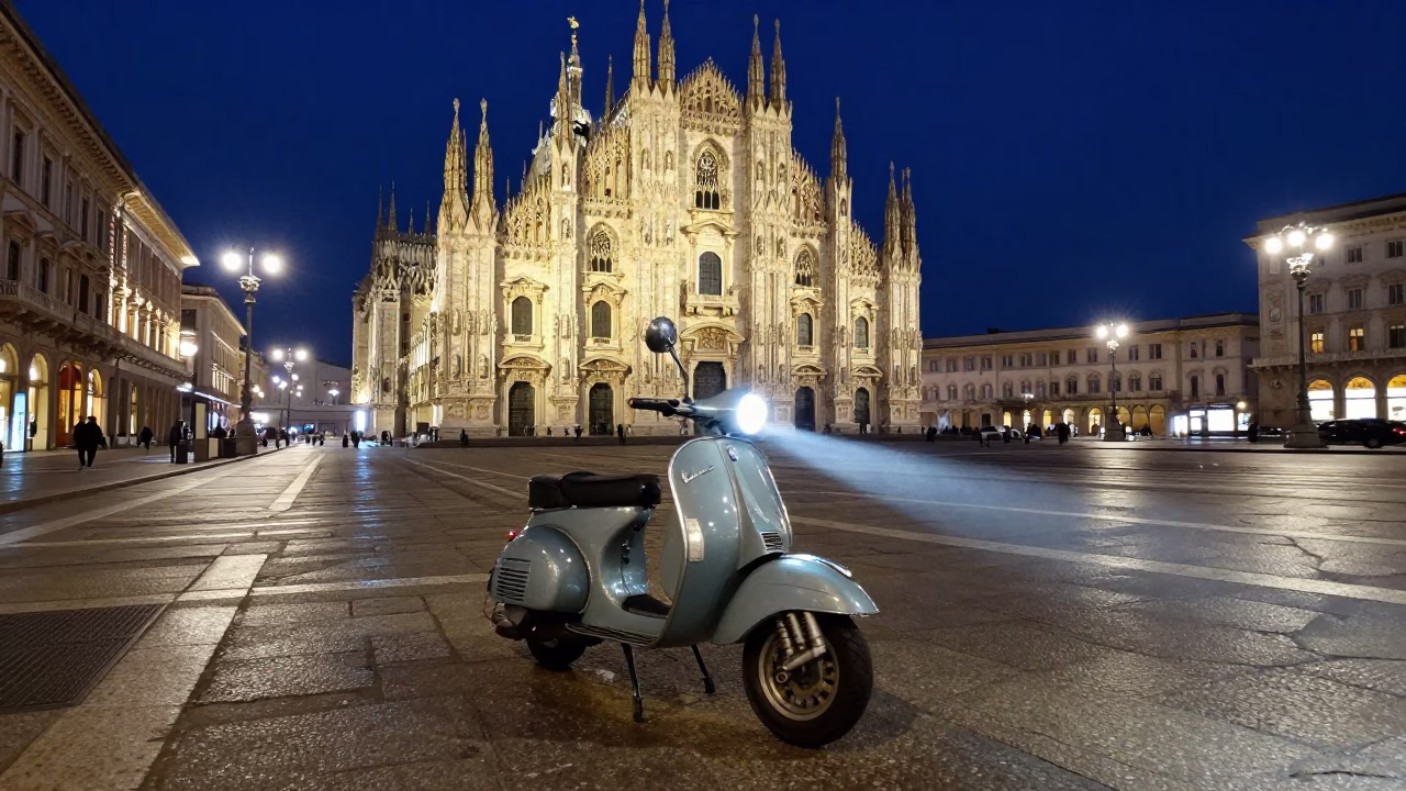 Vintage Vespa Scooter Navigating Midnight Milan Streets Near Duomo Cathedral in in Milan, Italy
