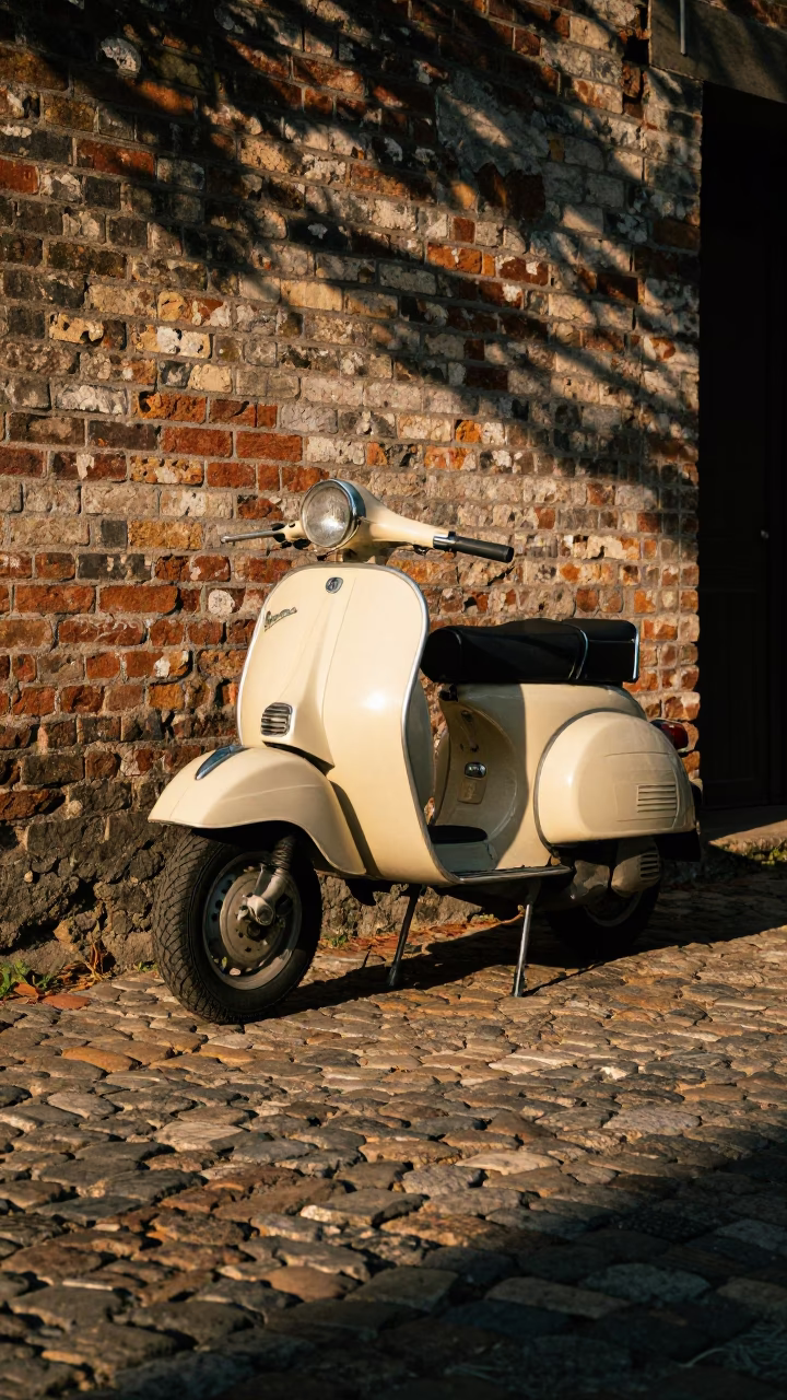 Vintage Vespa Scooter Parked on Cobblestone Lane in Austin Texas Late Afternoon Light in in Austin, Texas, United States
