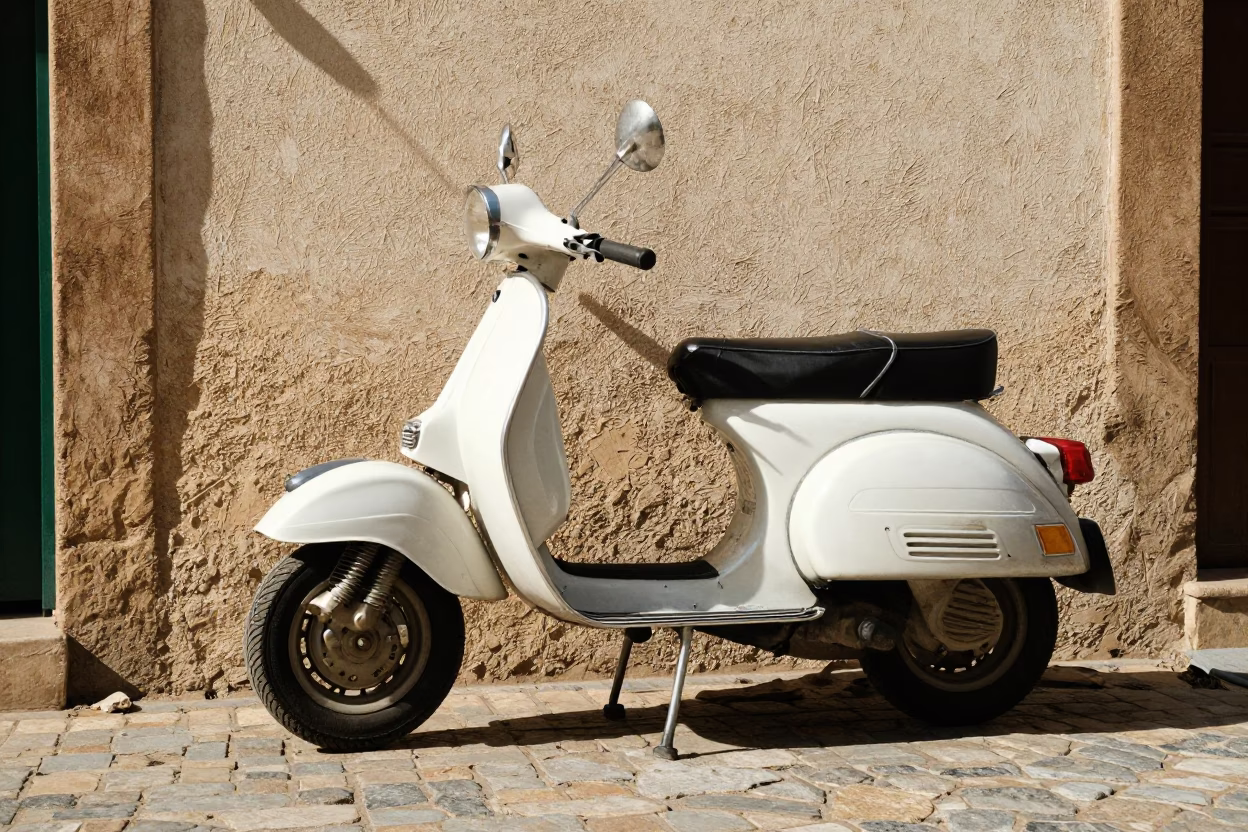Vintage Vespa Scooter Parked on Cobblestone Lane in Casablanca Morocco Late Morning in in Casablanca, Morocco
