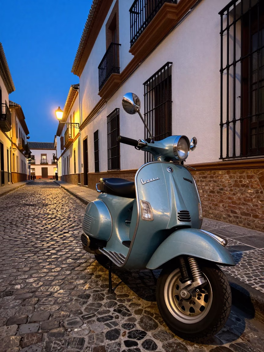 Vintage Vespa Scooter Parked on Cobblestone Lane in Granada Spain Early Evening in in Granada, Spain